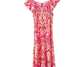 Loft Women's Pink Orange Ikat Babydoll Flutter Sleeve Flowy Bohemian Scoop Neck