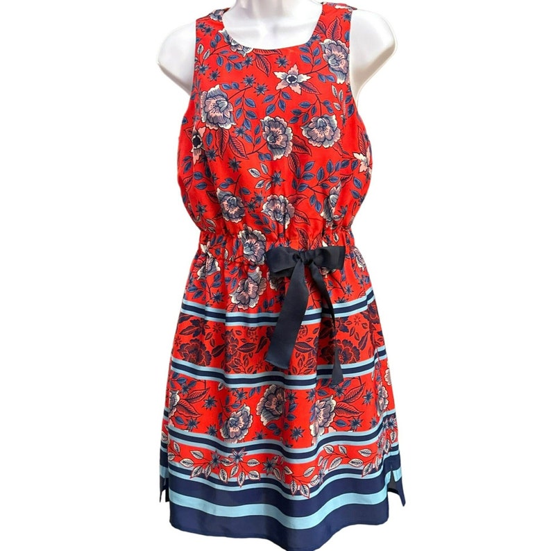 Eliza J Anthropologie Women's Blue Floral Sleeveless Dress Size 4P Nautical Red White image 1