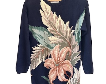 Jersey vintage Marisa Christina con intarsia floral, estilo Grandmacore Cottagecore de los 90.