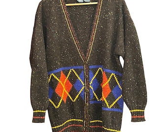 90s Vintage Black Argyle Cardigan / Lambswool Knit Cropped Sweater