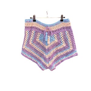 Crochet High-Waisted Handmade Multicolor Shorts Festival Bohemian 1960&#39;s