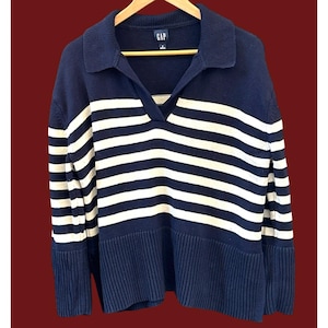 Gap Navy Blue Striped Collared Pullover Sweater Small Coastal Chic Resort Wear