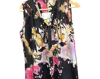 Blusa Y2K Apostrophe Deadstock con estampado abstracto de tormenta y cuello con lazo, estilo oficina chic satinado