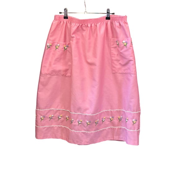 80s Vintage Unbranded Pink Floral Embroidered Midi Skirt Cottagecore Grandmacore