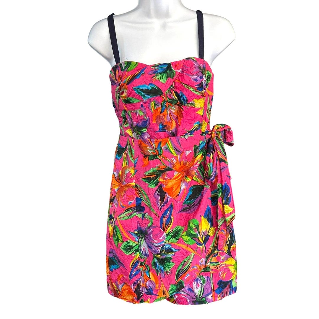 nanette lepore miami silk dress Nanette Lepore Bright Tropical Floral Faux Wrap Silk Mini Dress Sz 0 1980s  Retro