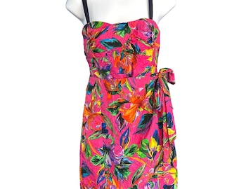 Nanette Lepore Mini-robe florale tropicale lumineuse en soie synthétique, taille 0, rétro années 80