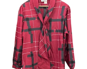 Vintage MG Bond Bow Blouse Red Black Geometric Secretary Retro Top L Work attire