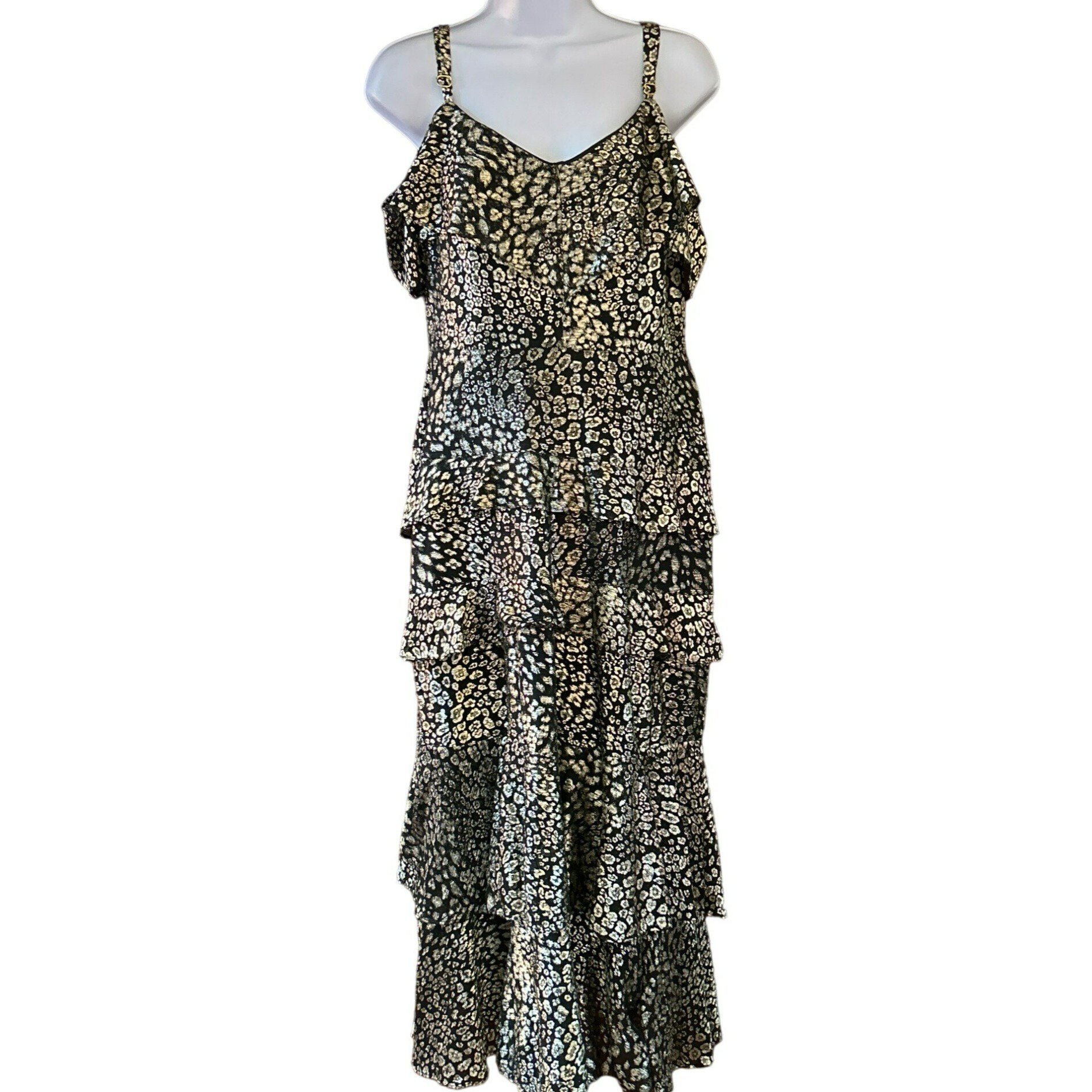 Rachel Roy Women's Black Gold Leopard Print Tiered Ruffle Midi