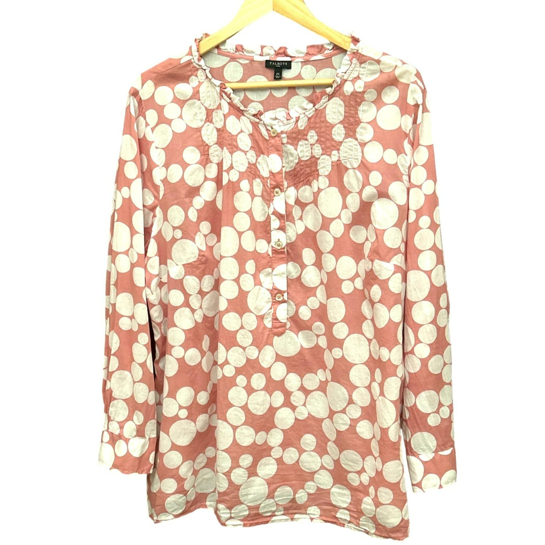 Talbots Womens Plus 2X Pink Polka Dot 100% Cotton Blouse Ruffle