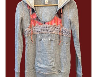 Y2K Free People Boho Hoodie Grau Strick Häkeln Patchwork Pullover Festival Small