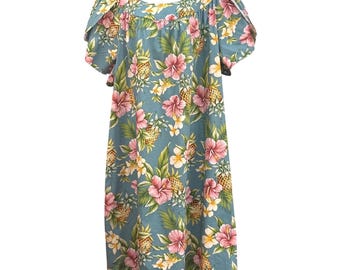 vintage Puanani RJC Muumuu Dress Tropical Hibiscus Ananas Coastal Luau 3XL