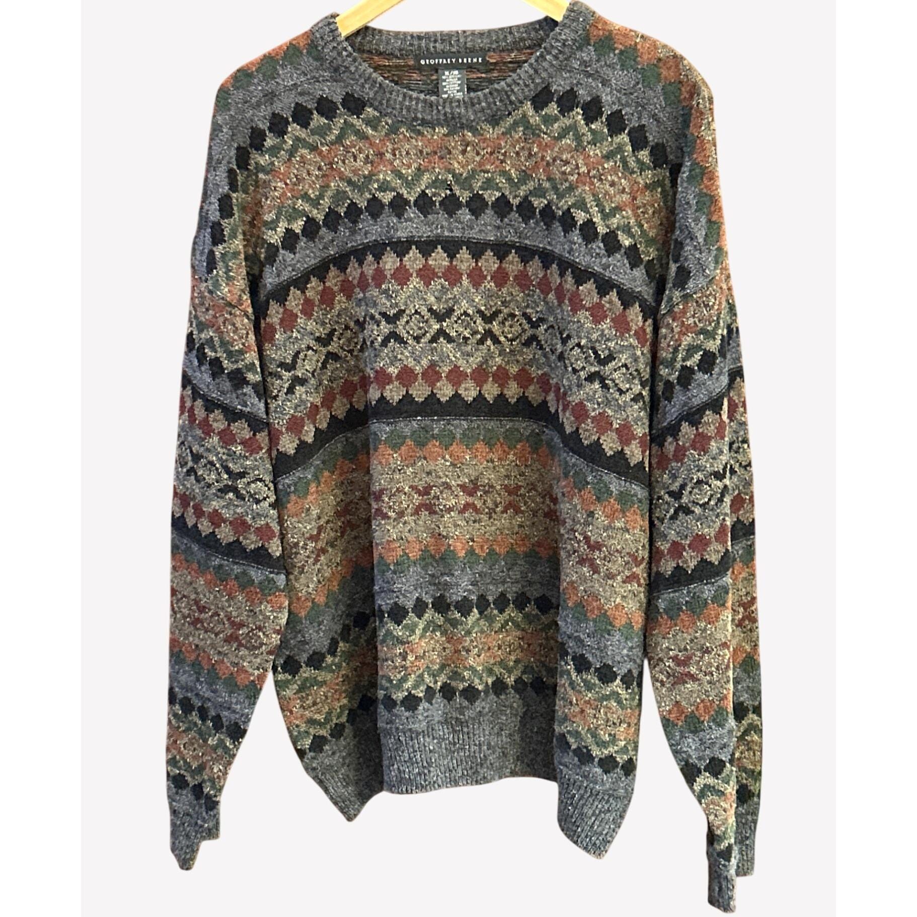 Vintage Geoffrey Beene Geometric Fair Isle Crewneck Sweater XL 
