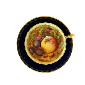 Aynsley Cobalt Blue Gold Scalloped Edge Orchard Signed Footed Teacup Saucer