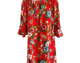 Vintage City Streets Red Floral Boho Off Shoulder Dress Small Y2K Bell Sleeve