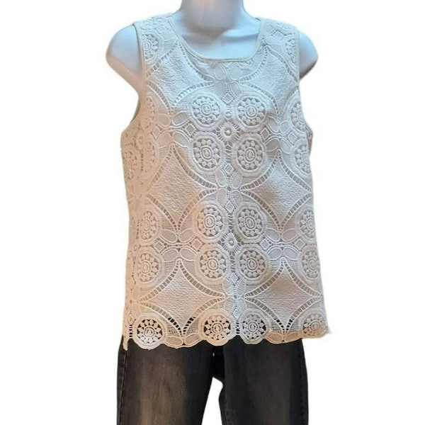 Adiva Ivory Women's Embroidered Lace Pattern Sleeveless Lined Top Size Medium