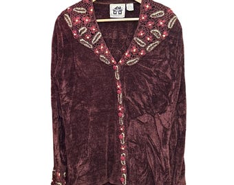 Cardigan perlé tricoté des années 90 brodé 1X Whimsigoth Cottagecore foncé