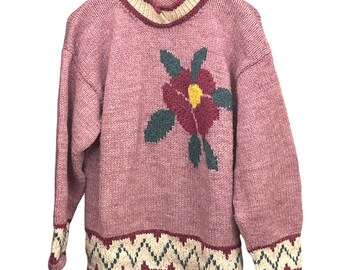 Maglione vintage lavorato a mano con intarsi floreali rosa Cottagecore Grandmacore Cozy Knit