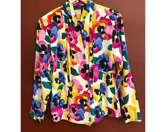 Y.Lev Womens Floral Silk Blazer Jacket Blouse Sz 10 Bright Colors Spring Summer