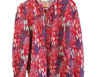 Loft Women's Red Blue Bohemian Long Sleeve Blouse Size Large Pull Over Tie Front
