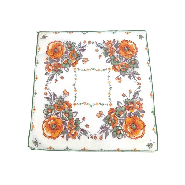 Vintage Orange Blue Floral Women's Cotton Hankie Green Border