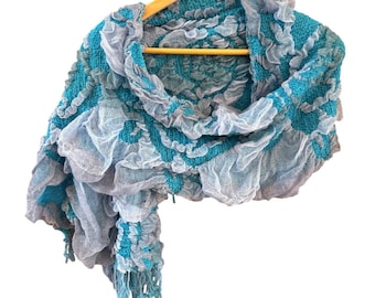 Handmade Suantraí Of Ireland Blue 3D Textured Floral Fringe Scarf 13&quot; x 80&quot;