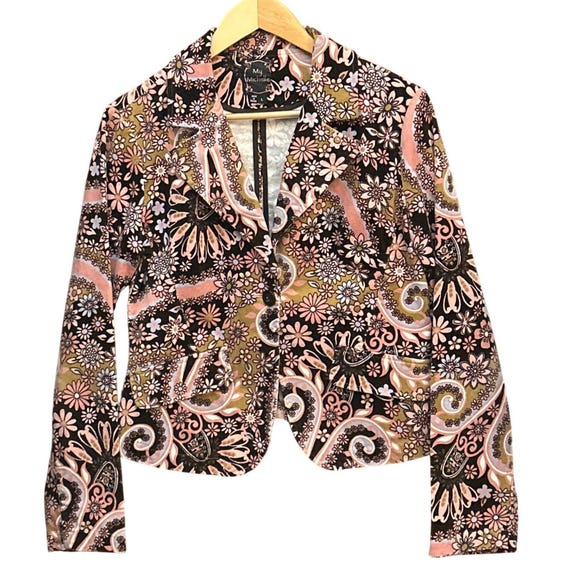 Vintage 70s Y2K My Michelle Corduroy Blazer Psychedelic Floral Retro 70s Style