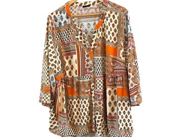 Boho Chic Damska Tunika Z Rayonu Z Kwiatowym Wzorem Patchworkowym Rękawem 3/4
