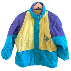 Vintage Story Life damespaars blauw geel colorblock damesjack jaren 90 maat 14,2K