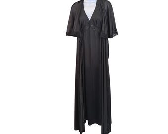 Vintage Kayser Black Peignoir Robe Lace Nylon Flutter Sleeve Retro Size 36