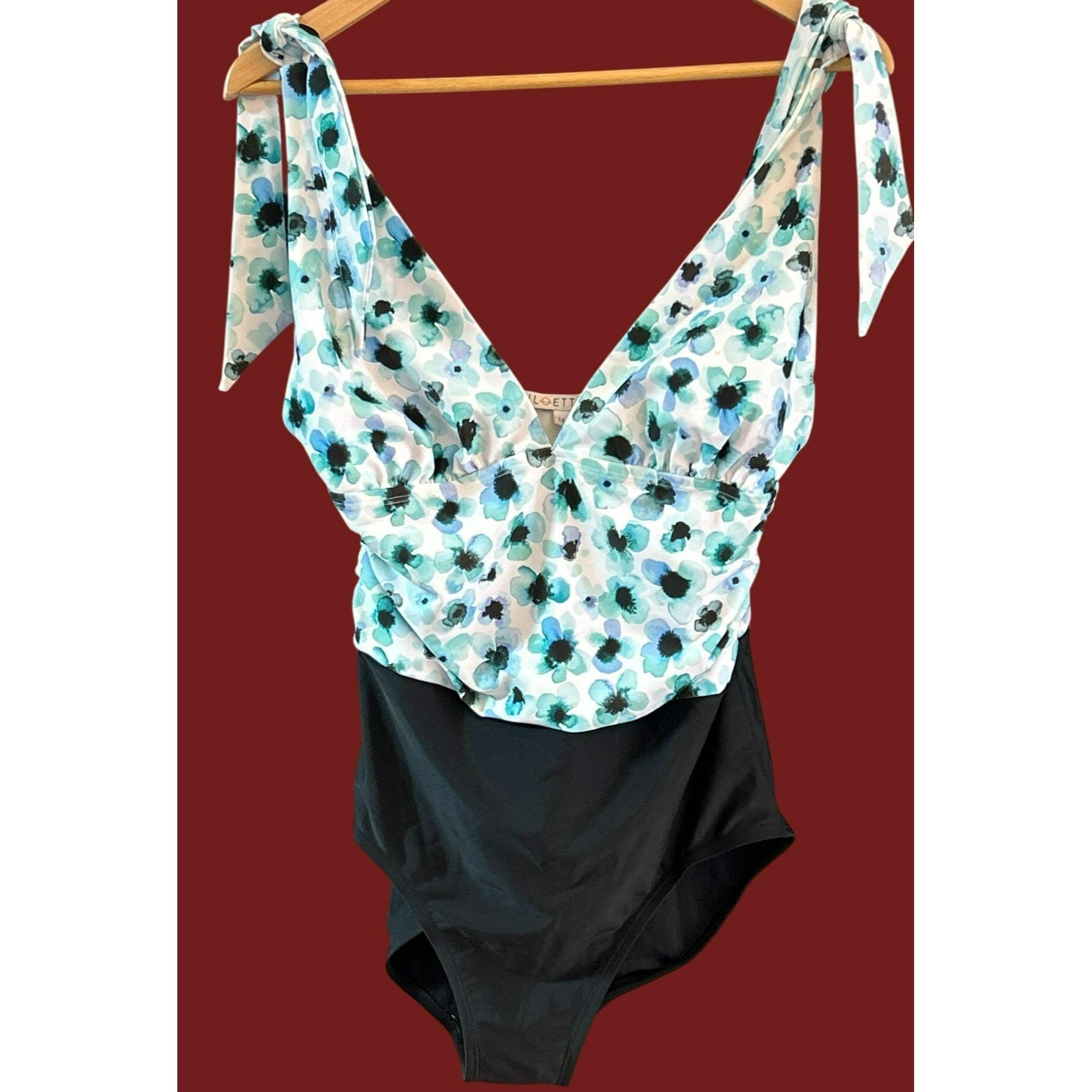 Siloett Women's V Neck Blue Floral One Piece Bathing Suit Size 14 Soft Cup NWT