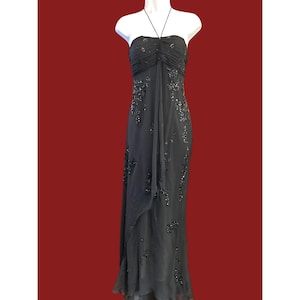 Vintage Interlude USA Halter Tie Black Beaded Evening Gown Large Romantic Goth