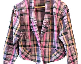 Vintage For Pete's Sake Purple Pink Plaid Linen Blazer 1980s Cottagecore Preppy