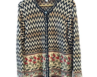 Vintage MFABoston Chevron Floral Button-Front Cardigan Sweater Sz M Cottagecore