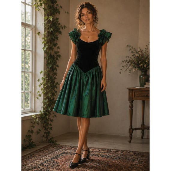 80s Gunne Sax Cocktail Dress Emerald Green Velvet Prom Goth Glam Dark Romance