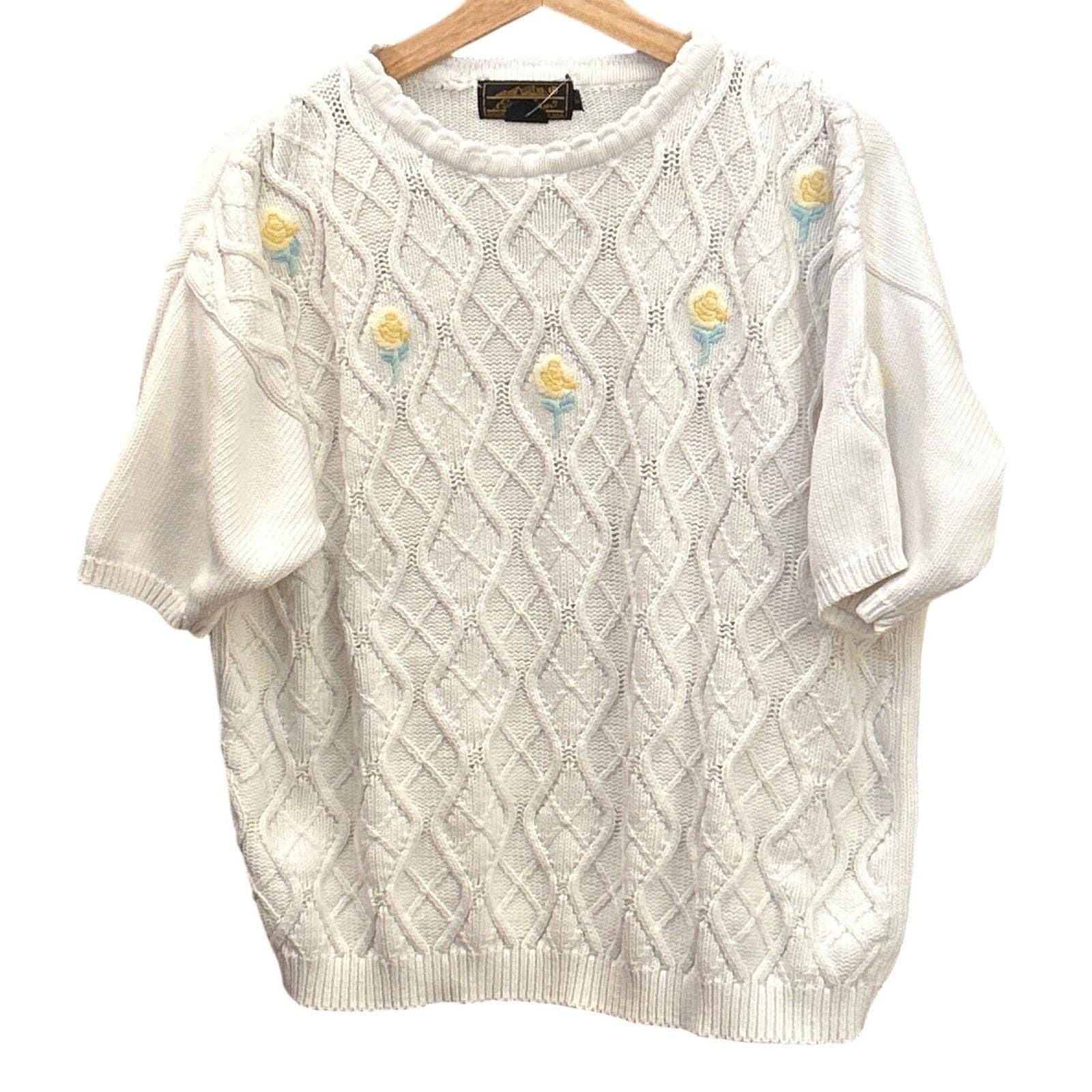 Vintage 80s Eddie Bauer Cable Knit Sweater Floral Embroidered