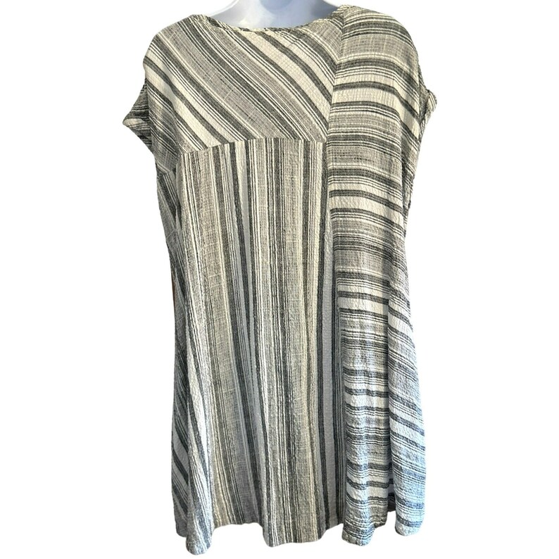 May include: A white and gray striped short-sleeved tunic top with a loose fit.