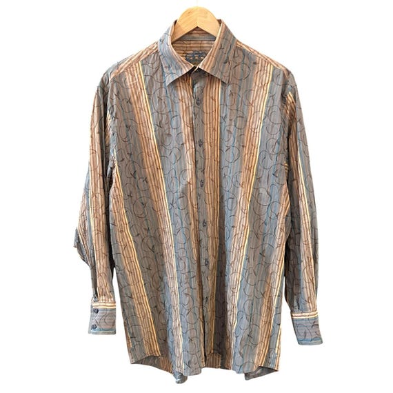 Luchiano Visconti Brown Blue Striped Embroidered Floral Button Down Shirt  Large - Etsy New Zealand