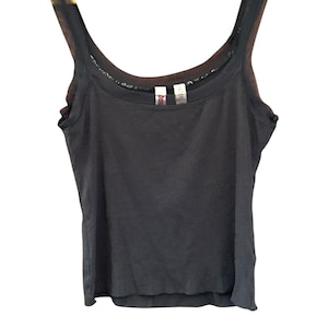Y2K Vintage Bongo Women&#39;s Black Tank Top Size Large Sheer Trim 2000s Classic