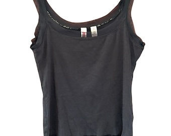 Y2K Vintage Bongo Damen Schwarz Tank Top Größe Groß Sheer Trim 2000er Jahre Klassiker