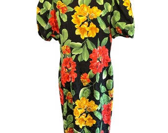 Vintage 1980s Adrianna Papell Tropical Floral Short Sleeve Silk Dress Size 10