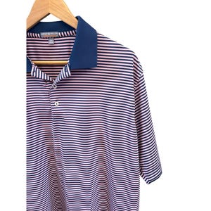 May include: A pink and navy blue striped polo shirt with a navy blue collar. The shirt is hanging on a wooden hanger. The shirt has a three-button placket and short sleeves.