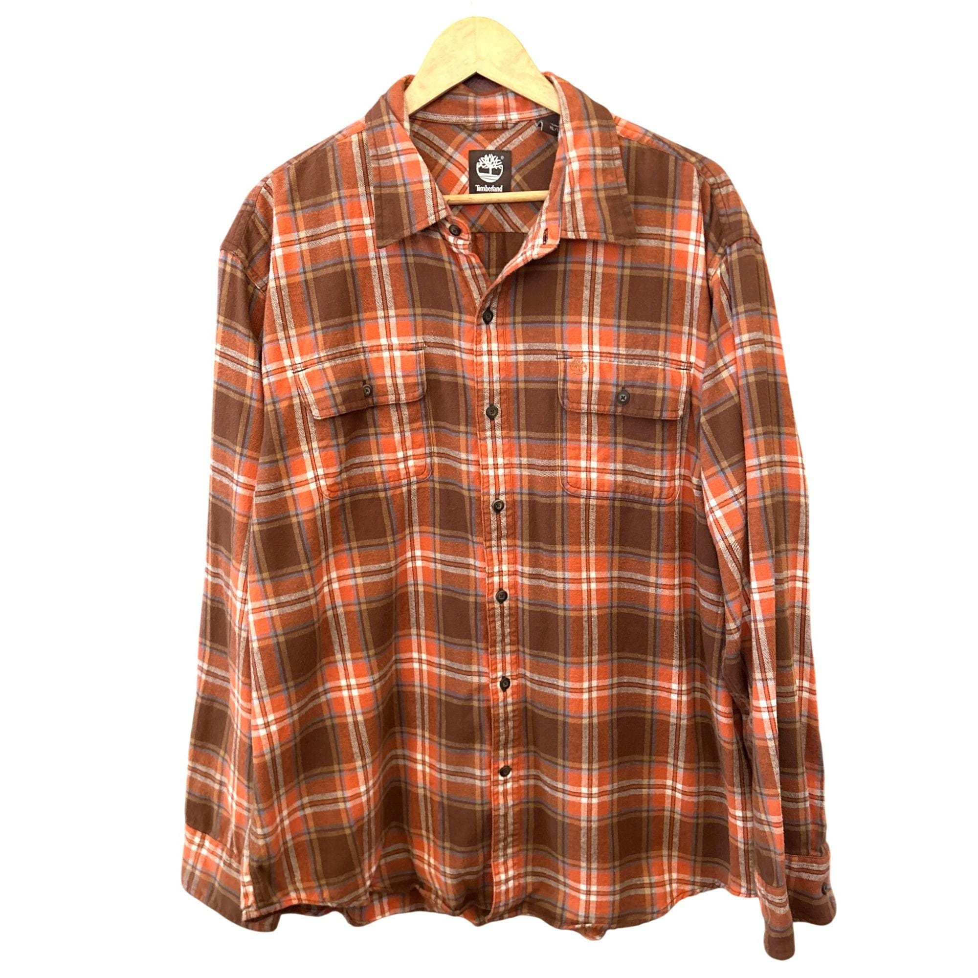 夜神Vintage Plaid Shirt XL Timberland Mens Brown Orange Plaid Long Sleeve Flannel Shirt