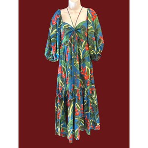 floral dress with sleeves midi Blue Floral Midi Summer Dress with Short Puff Sleeves Blue Floral / Small
