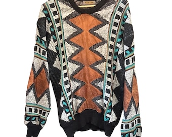 Vintage Mark Elliot Knit Sweater Southwestern Leather Patchwork Eclectic Grandpa
