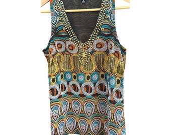 Y2K Rafaella Sleeveless Blouse Bohemian Mosaic Print Beaded V-Neck Top S