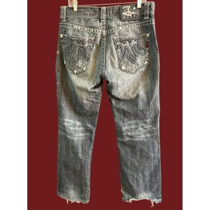 Vintage Y2K Style Mek Destroyed Button Fly Denim Jeans 32 x 32 Embroidered Worn