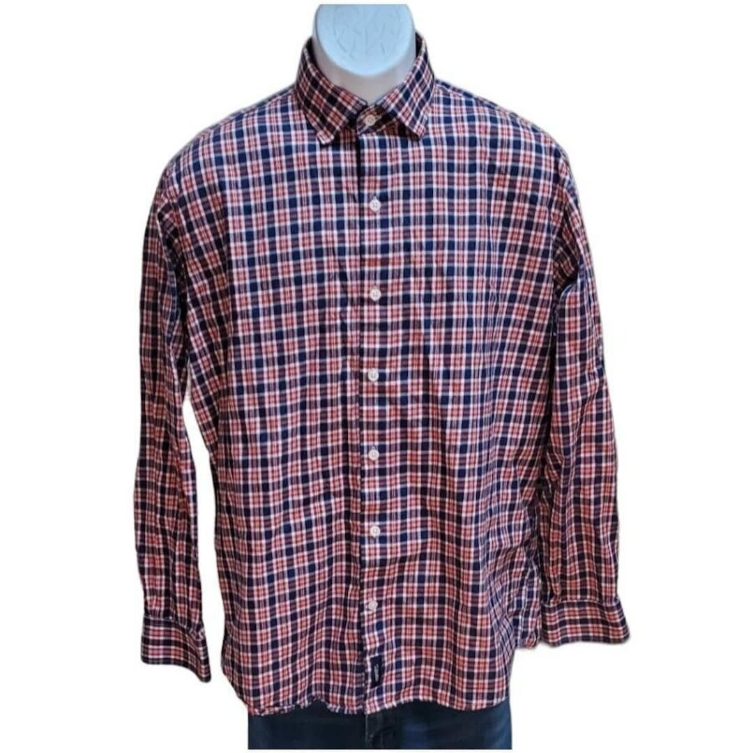 woodies dress shirts Woodies Red White Blue Men's Plaid Button up Long Sleeve Dress Shirt Size  XL