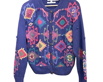 vintage Robert Scott tricoté main en coton ramie cardigan chandail PS bohème lumineux