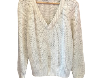 Vintage Robin Ross Sweater V-Neck Metallic Shimmer Cream Knit Raglan 80s Style