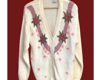 Vintage Floral Cottagecore Cardigan Sweater Large Romantic Shabby Chic Prairie